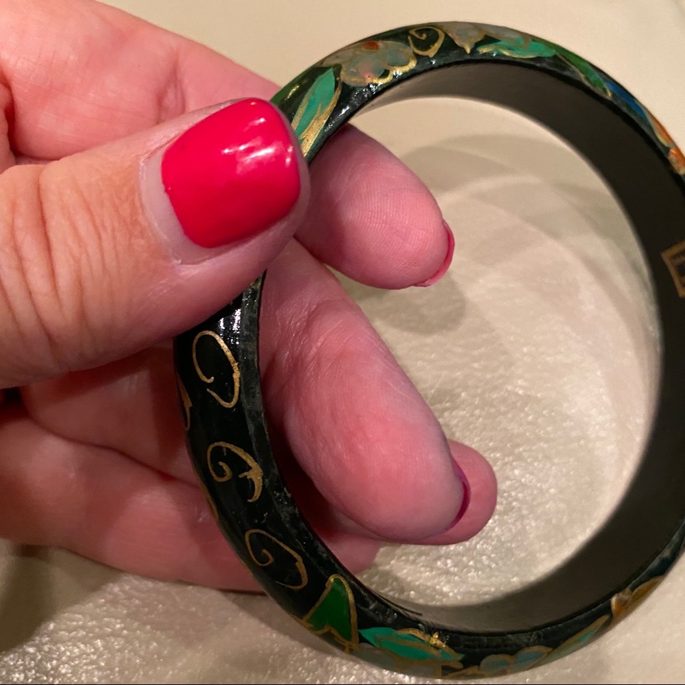 🌻Hand painted wood bangle from India black& gold